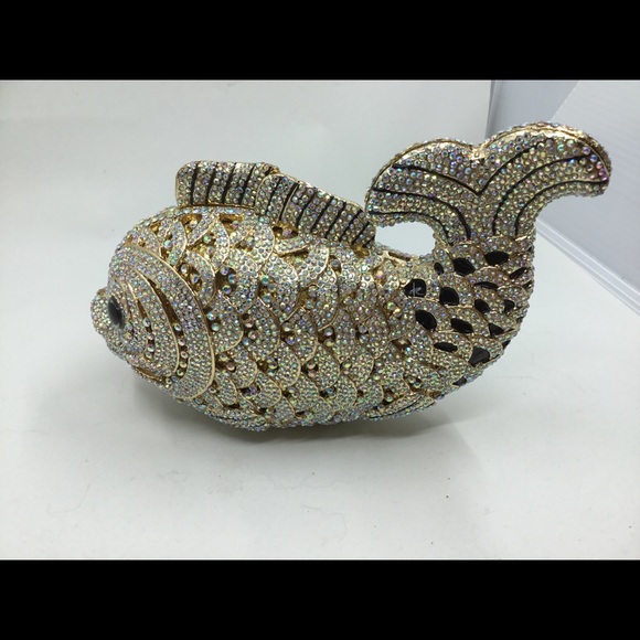 Swarovski Crystals Gold/Blk Fish Minaudiere Bag! - Picture 2 of 7